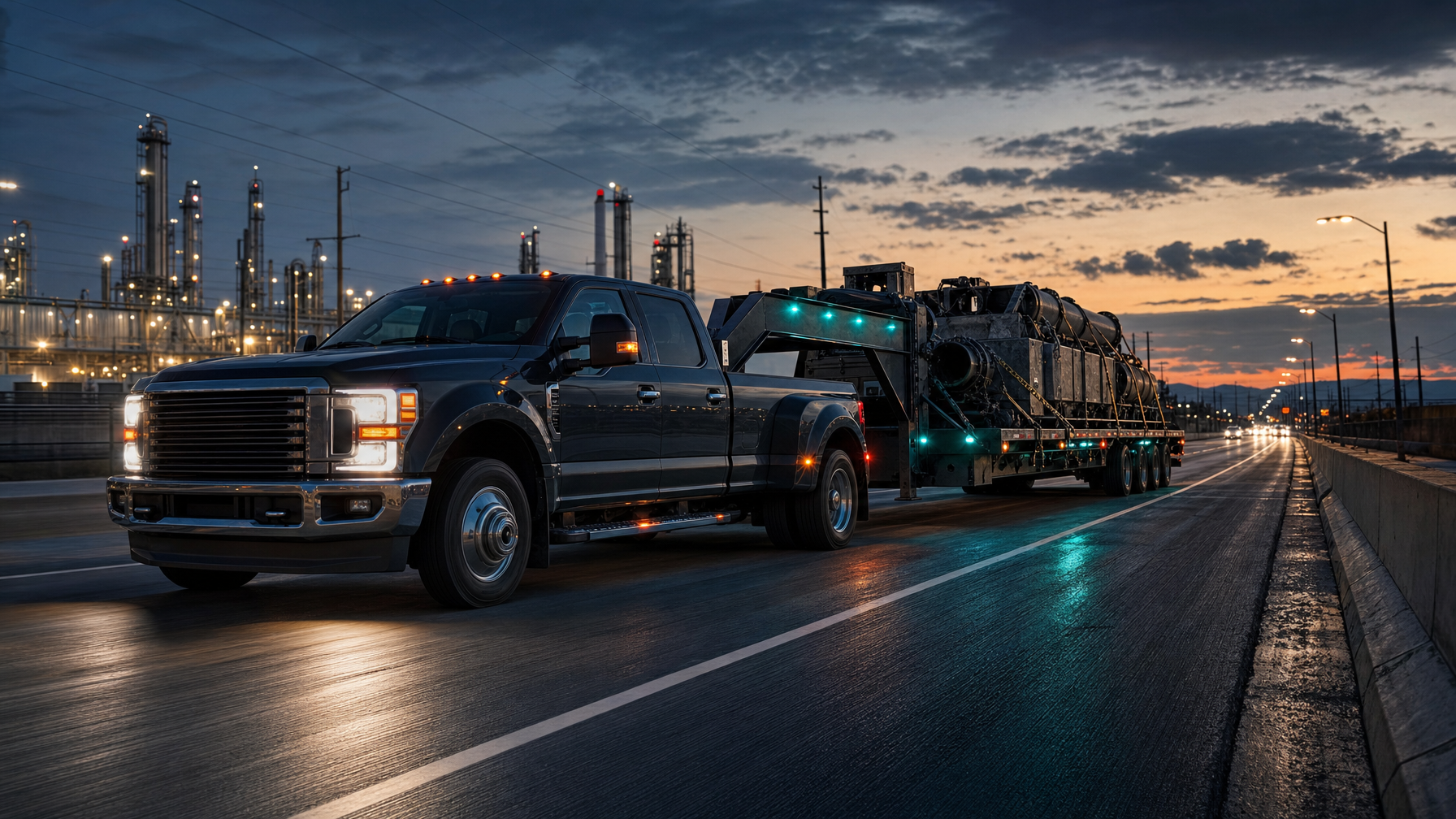 Pickup truck pulling a gooseneck trailer with industrial freight at dusk, illustrating hotshot dispatching