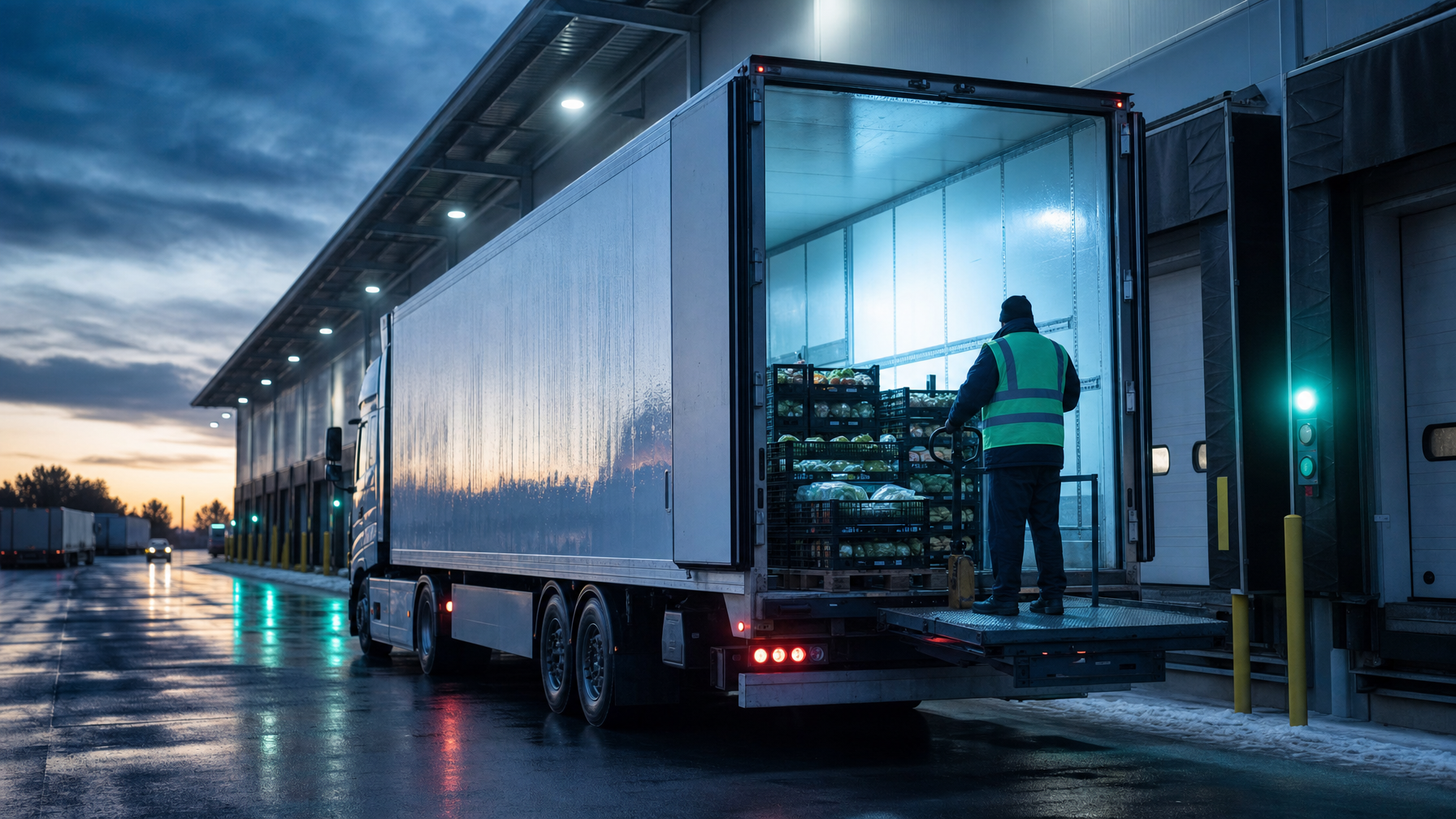 Refrigerated trailer at a food distribution dock for reefer dispatching training