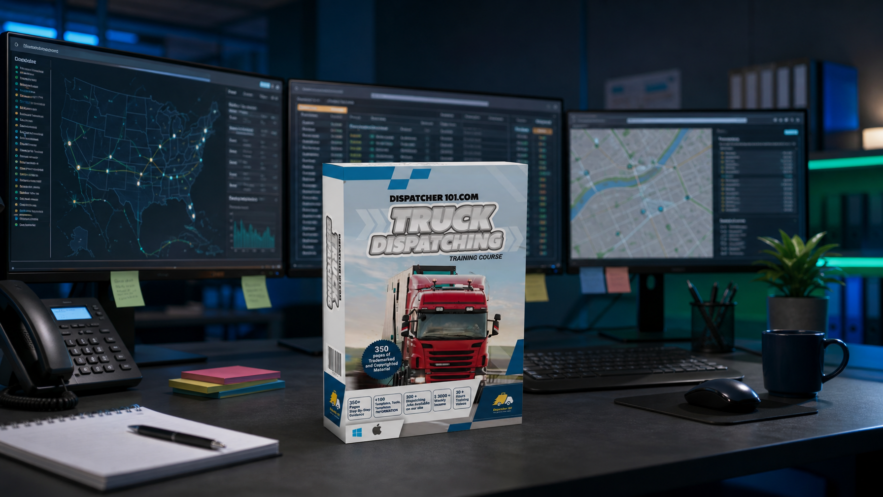 Truck dispatcher multi-monitor setup comparing load board freight listings