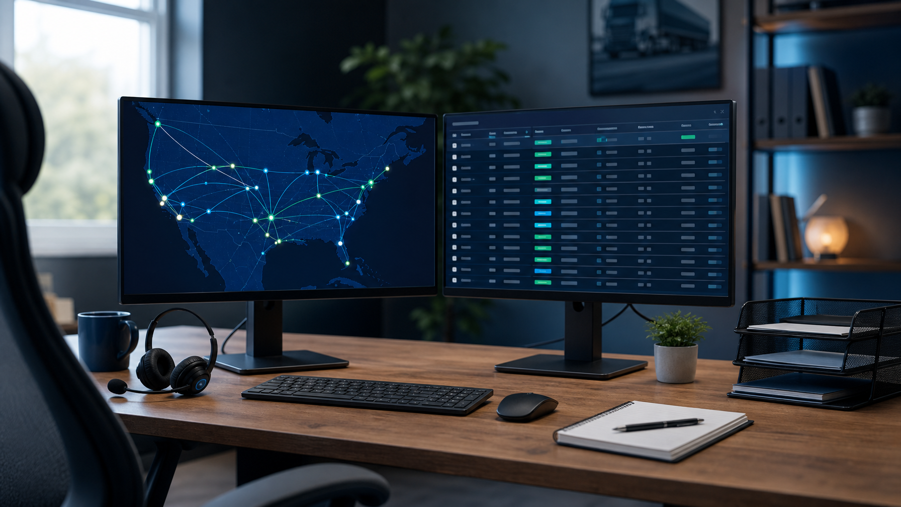 AI-assisted truck dispatcher workstation with dual monitors and headset