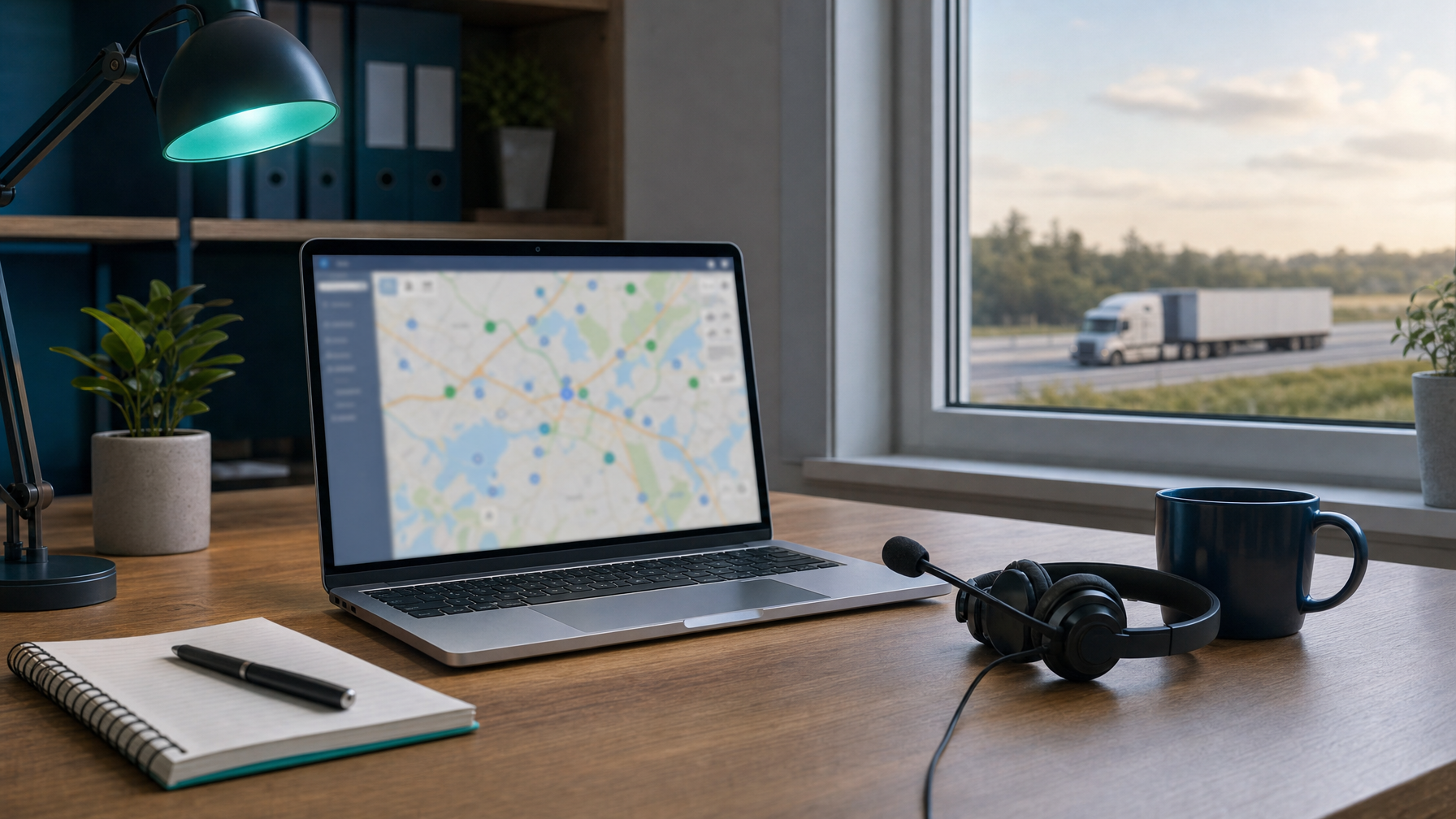 Home office setup for starting a truck dispatching business, laptop and headset with a highway truck visible outside