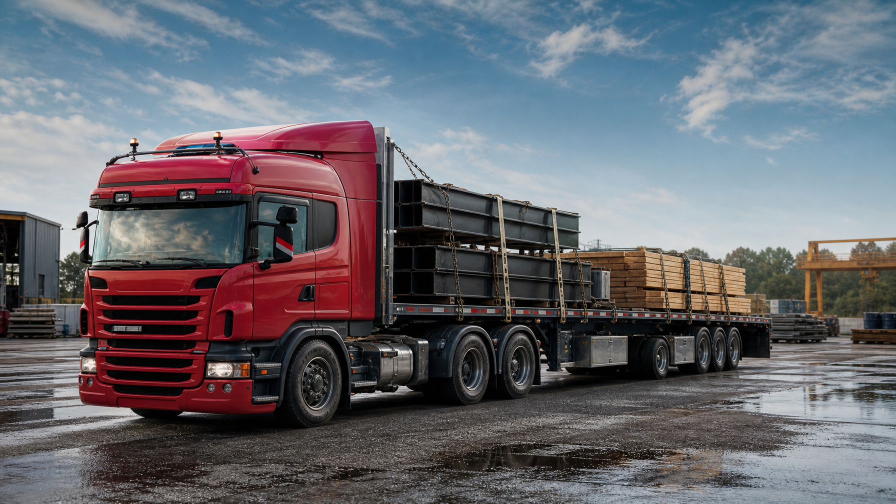 Flatbed truck with secured steel and lumber at industrial yard
