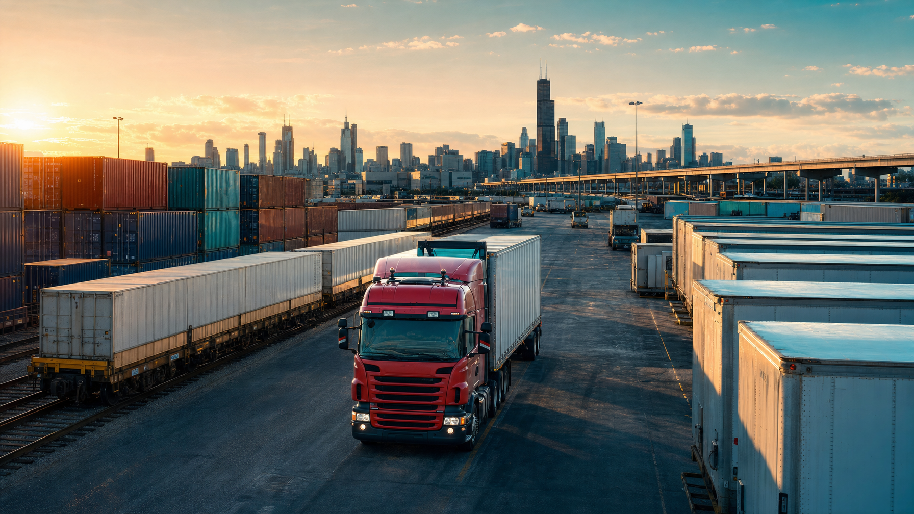 Midwest intermodal yard near Chicago with trailers and containers at golden hour
