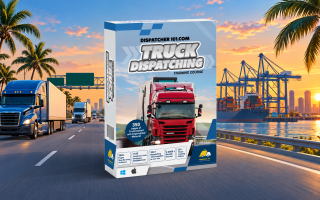 Truck dispatcher training in Florida, semi trucks near port with palm trees