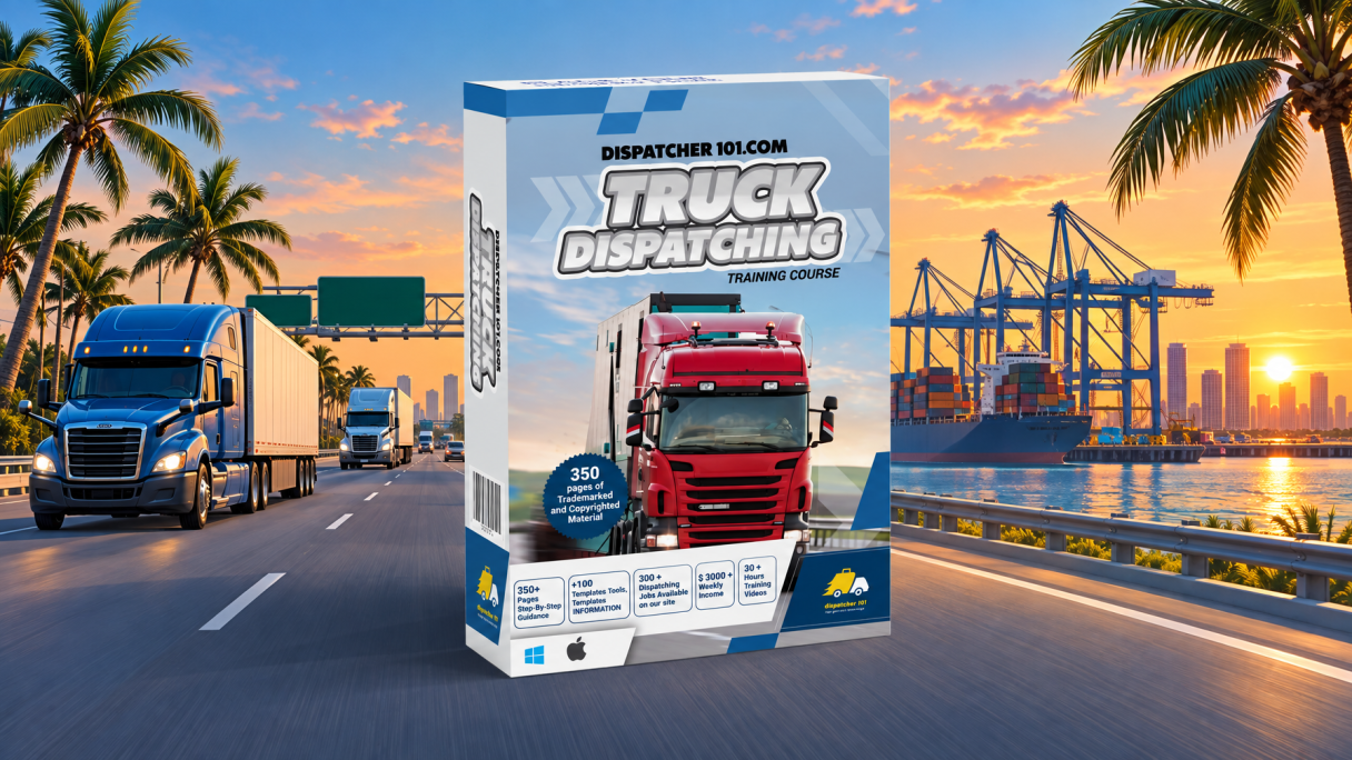 Truck dispatcher training in Florida, semi trucks near port with palm trees