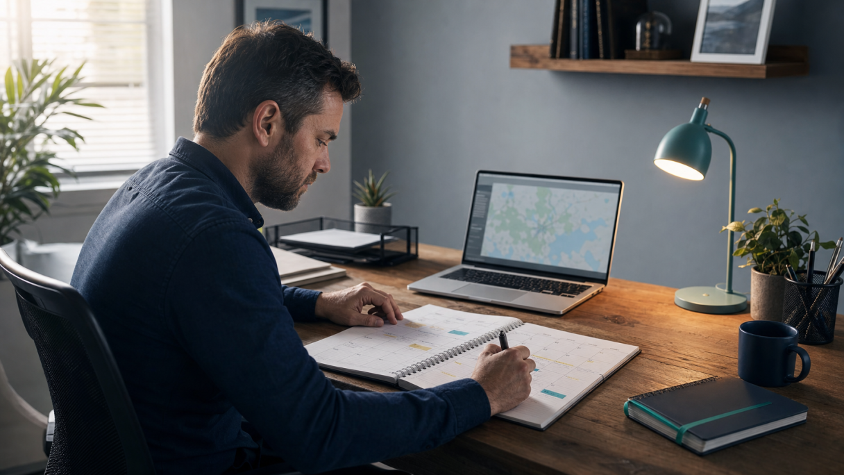 New truck dispatcher planning a 30-day action plan at a home office desk