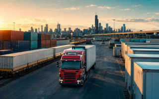 Midwest intermodal yard near Chicago with trailers and containers at golden hour