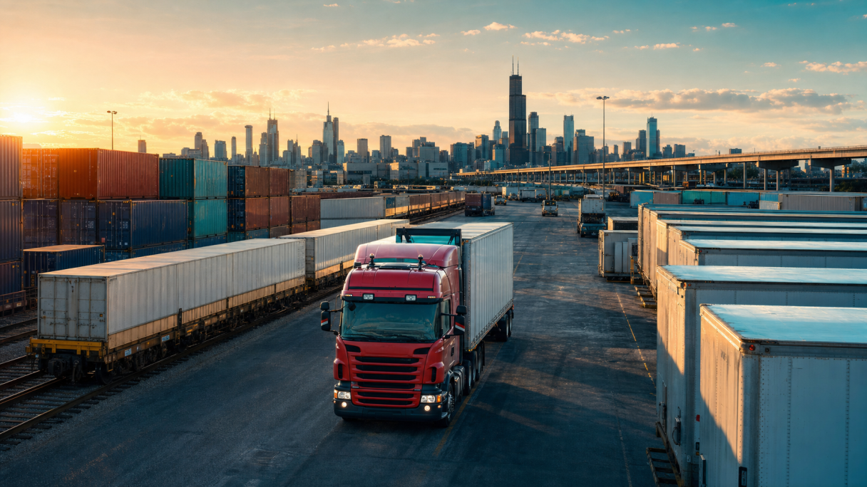 Midwest intermodal yard near Chicago with trailers and containers at golden hour